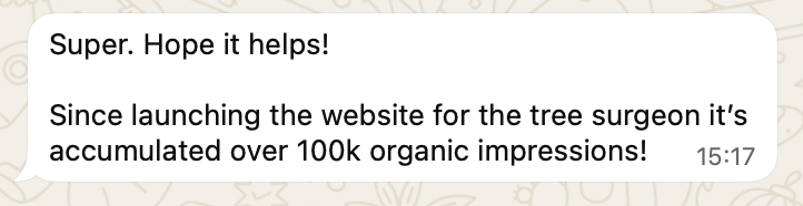 WhatsApp message from Rory showing 100k organic impressions