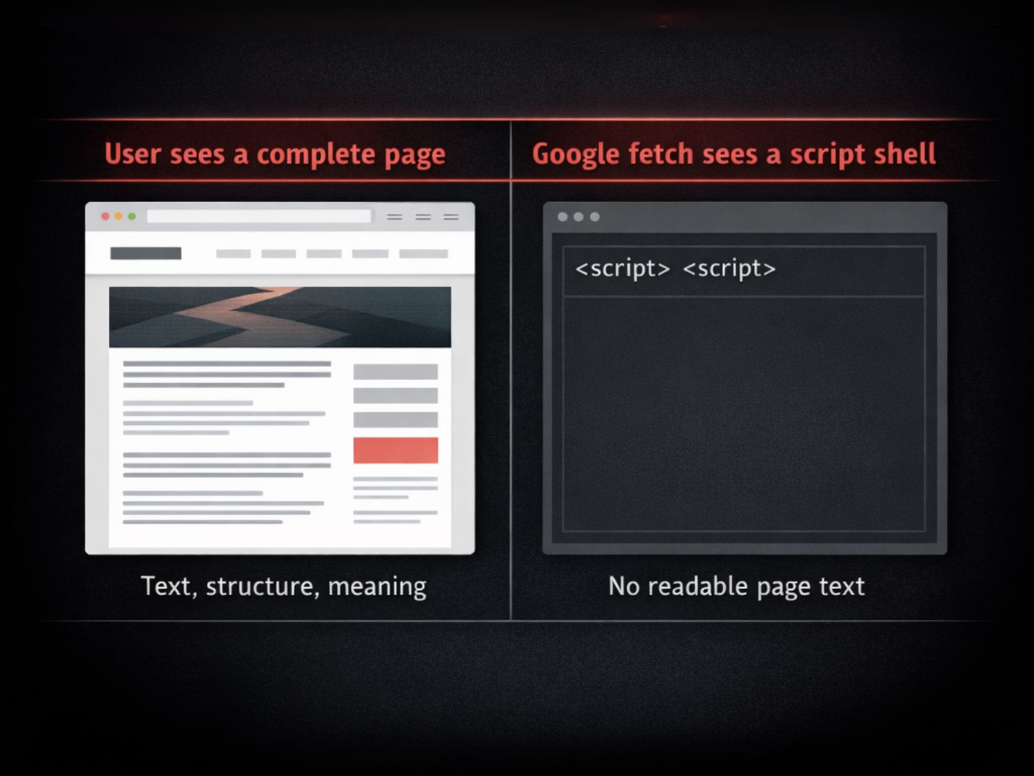 Comparison showing what users see vs what Google sees - users see a complete page while Google sees only script tags